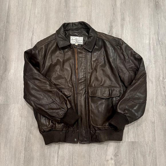 Armed Forces Brown AVIREXFLY Genuine Leather Bomber Pilot Jacket Mens L - Picture 2 of 11